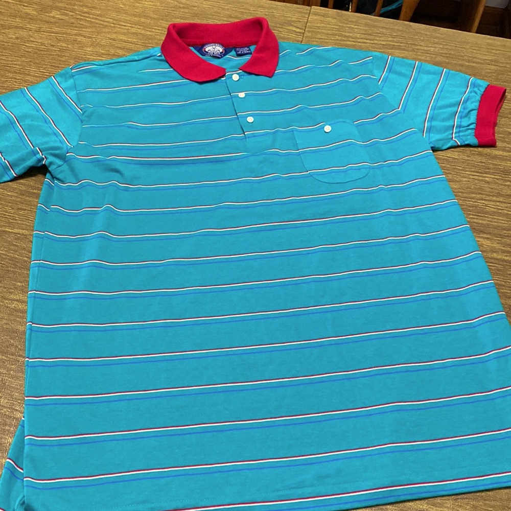 Vintage 80’s Knights Bridge XL Teal Green Blue Striped Red Trim Golf Polo Shirt